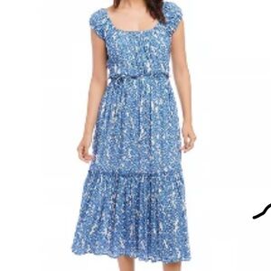 Karen Kane Blue Floral Scoop-Neck Tie-Waist Midi Dress